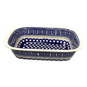 Boleslawiec Polish Pottery Peacock Baking Dish Loaf Pan Blue Red Dots Signed